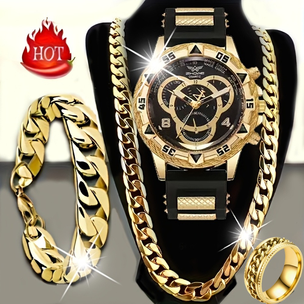 Jewelry Type Watches - 4‑Piece Luxury Men’s Watch and Jewelry
