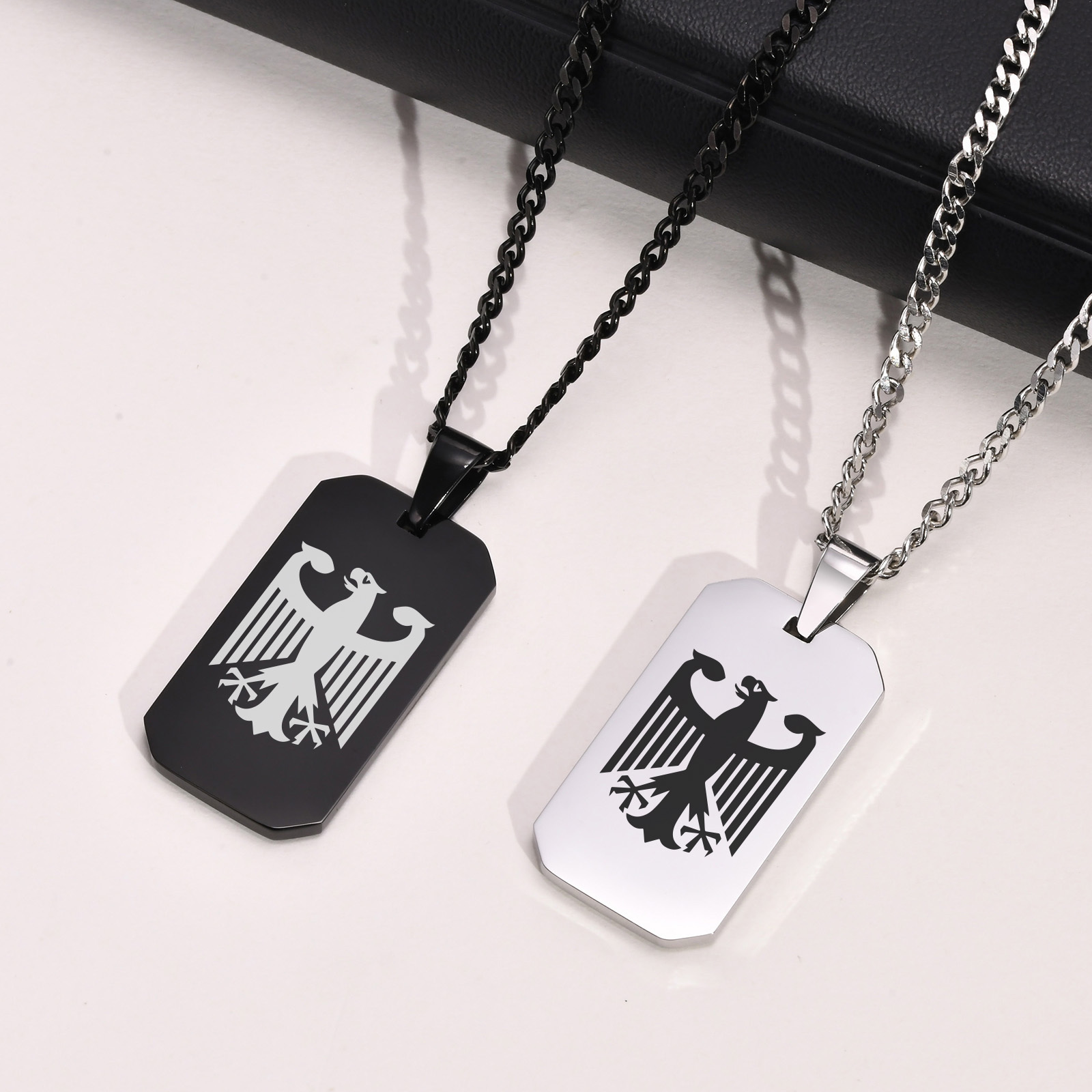 Mens Dog Tag Necklace - German Eagle Square Neckalces for Men,